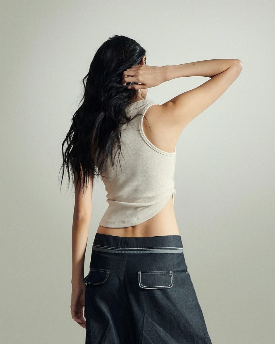 ASYMMETRICAL U-NECK TANK IN BEIGE