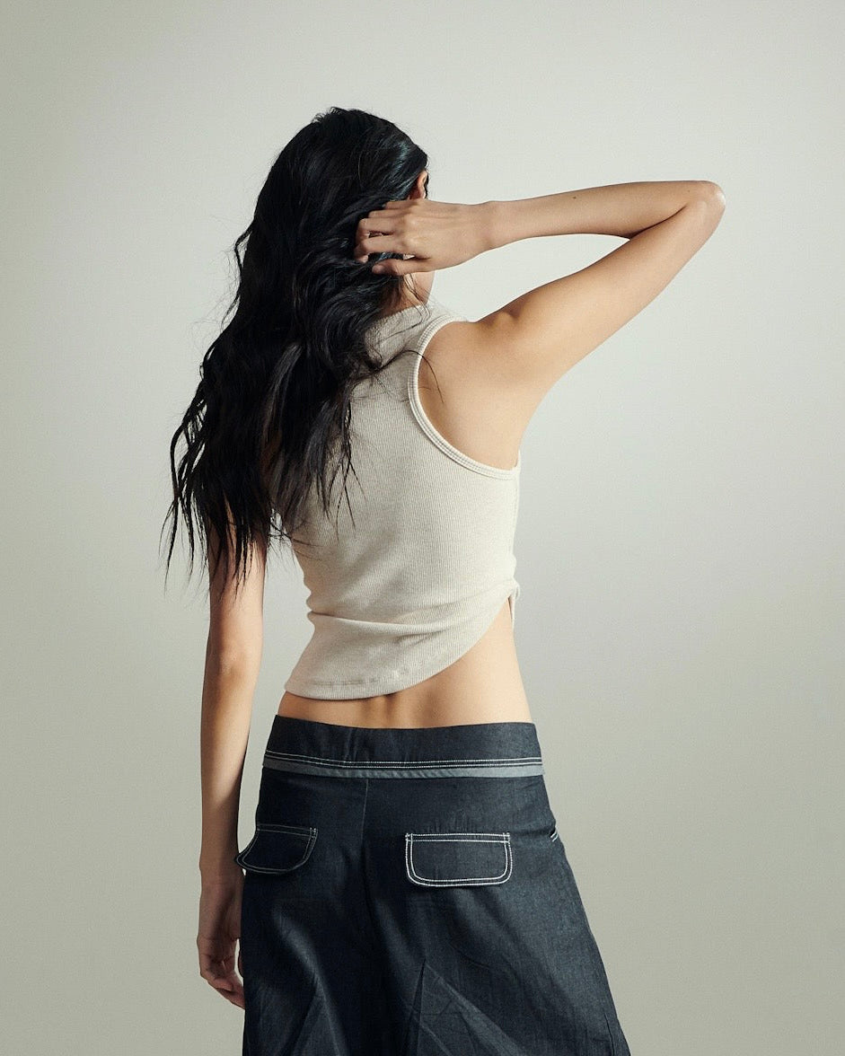ASYMMETRICAL U-NECK TANK IN BEIGE