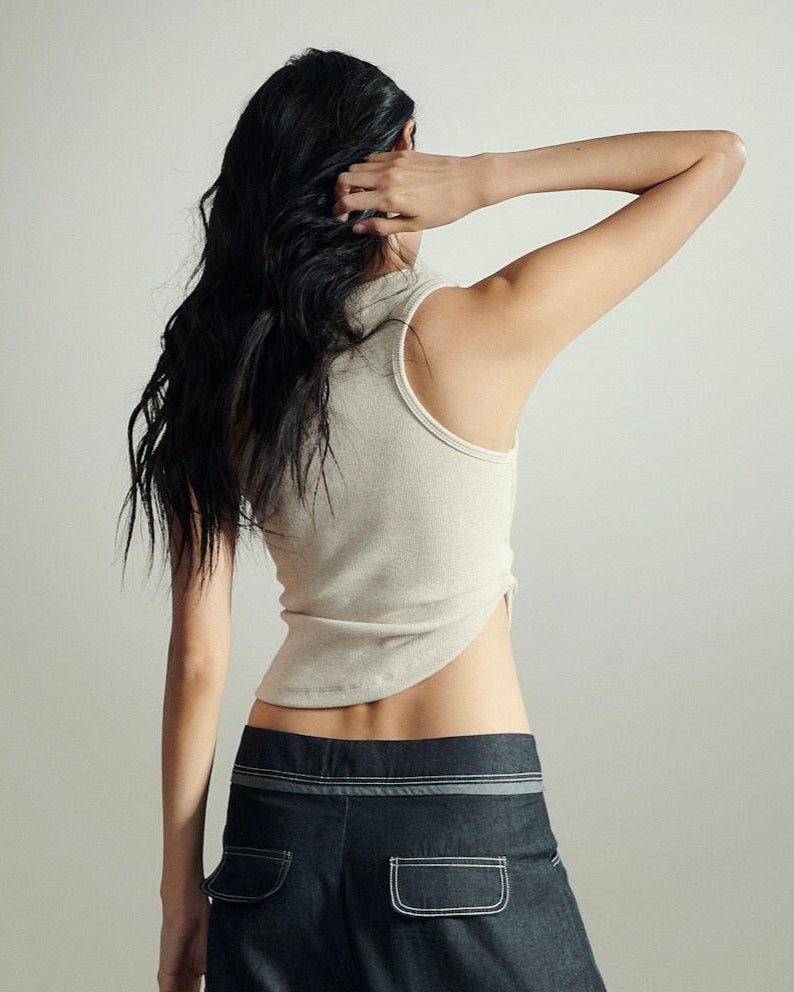 ASYMMETRICAL U-NECK TANK IN BEIGE