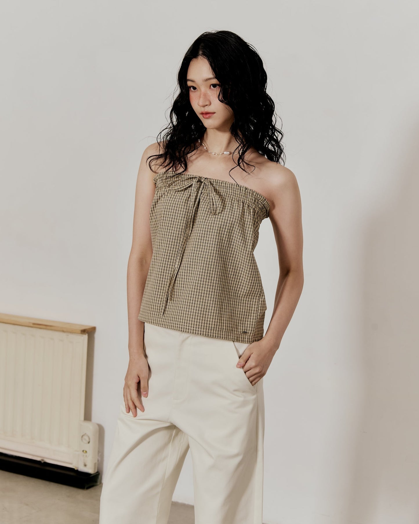 TIE TOP IN BEIGE CHECKED